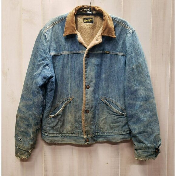 Vtg Wrangler Trucker Denim Jacket USA Sz 44 Sherpa Lined Distressed Corduroy